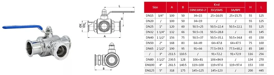 Thông số kỹ thuật van bi 3 ngã vi sinh clamp tay gạt