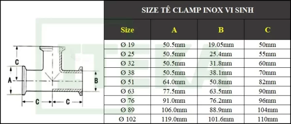 Bảng kích thước tê clamp vi sinh